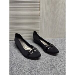 Dexflex Comfort Women Flat Shoe 8.5 Black Slip On Mid Wedge Buckle Toe Formal